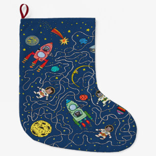 Grande Chaussette De Noël fusée cosmos chat cosmonaute