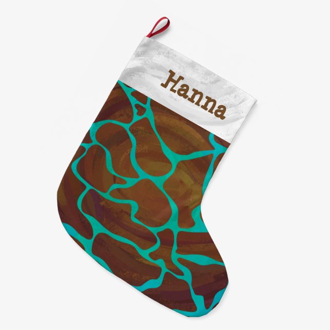 Grande Chaussette De Noël Giraffe Impression Brown et Turquoise (Devant (Accrochage))