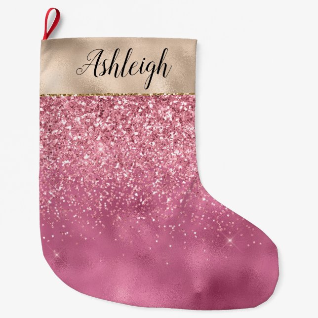 Grande Chaussette De Noël Girl Gold rose brillant Parties scintillant Nom ét (Devant)