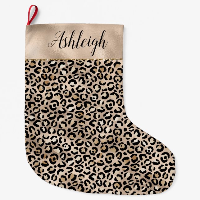 Grande Chaussette De Noël Glam Gold Empreinte de léopard (Devant)