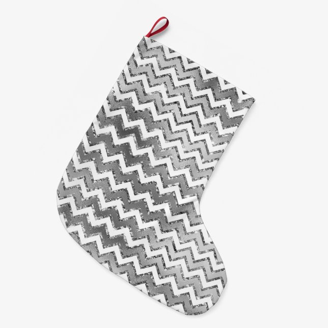 Grande Chaussette De Noël Glam Silver White Zigzag Stripes (Devant (Accrochage))