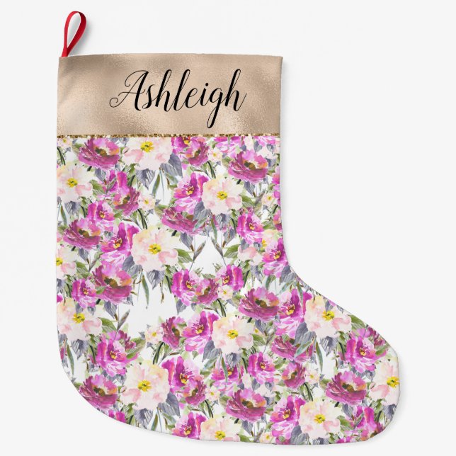 Grande Chaussette De Noël Glamme d'or floral rose (Devant)