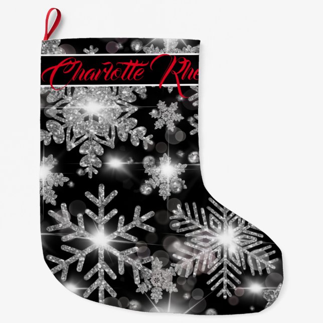 Grande Chaussette De Noël Glittery argent fêtes de neige motif (Devant)