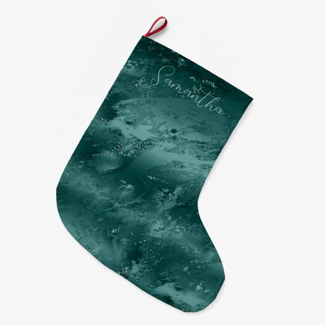 Grande Chaussette De Noël Glitzy Emerald Green Ombre Marbre Personnalisé (Devant (Accrochage))