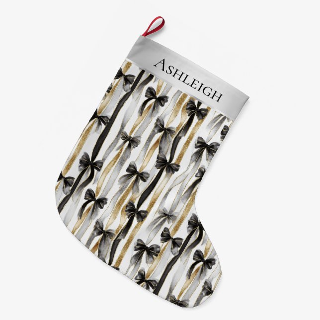 Grande Chaussette De Noël Glitzy Gold Silver Black Ribbons Bows Christmas (Devant (Accrochage))