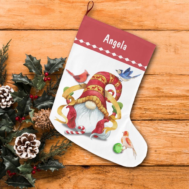 Grande Chaussette De Noël Gnome de ruban drôle avec oiseaux Personnalisé (Créateur téléchargé)