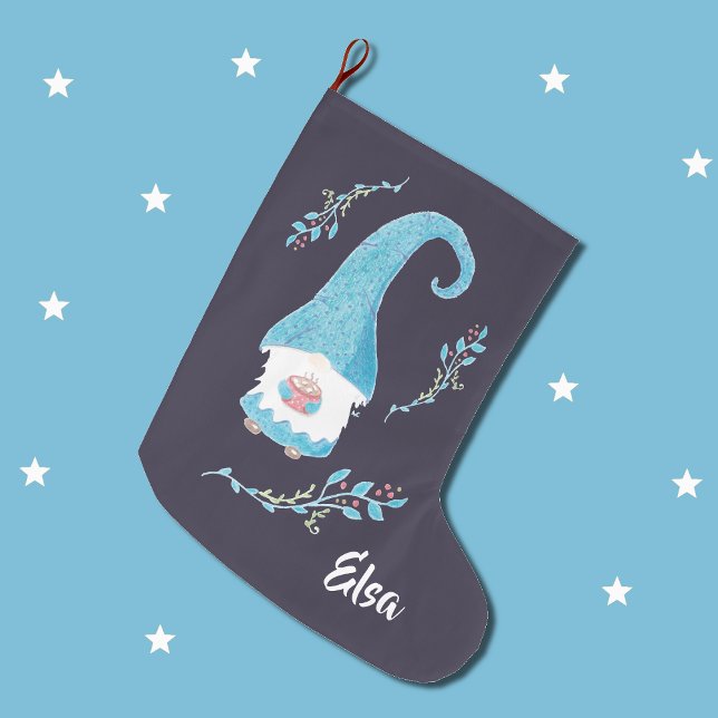 Grande Chaussette De Noël Gnome suédois bleu tenant du stockage de cacao cha (Créateur téléchargé)