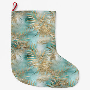 Grande Chaussette De Noël Gold Aqua White Feuilles tropicaux