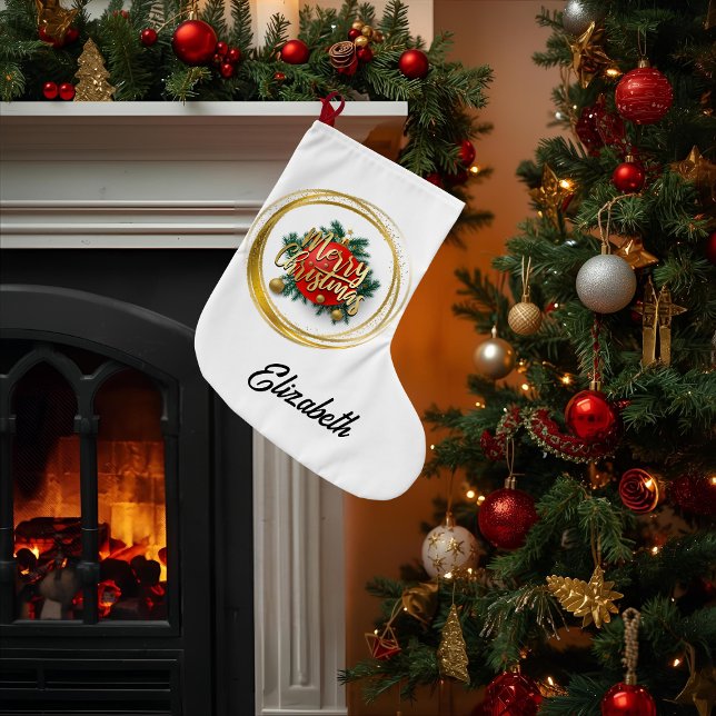 Grande Chaussette De Noël Golden Merry Christmas Personalized Stocking (Créateur téléchargé)