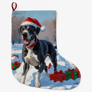 Grande Chaussette De Noël Grand Danois courant dans la neige avec un chapeau
