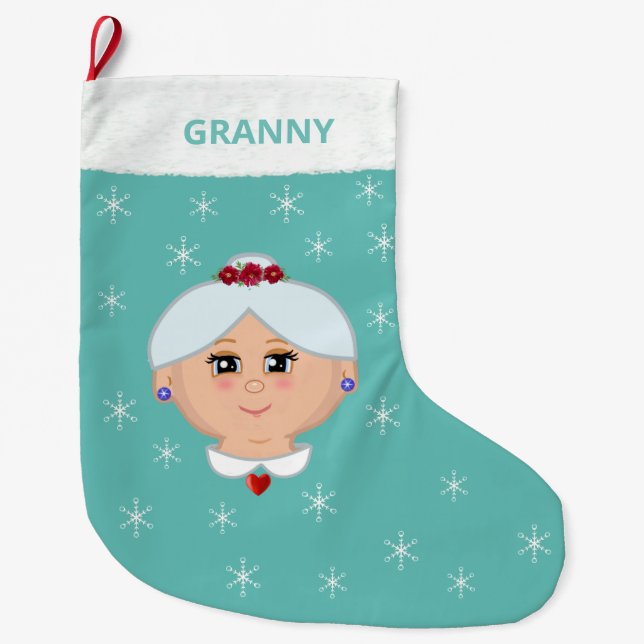Grande Chaussette De Noël Grandma et Snowflakes sur Turquoise léger (Devant)