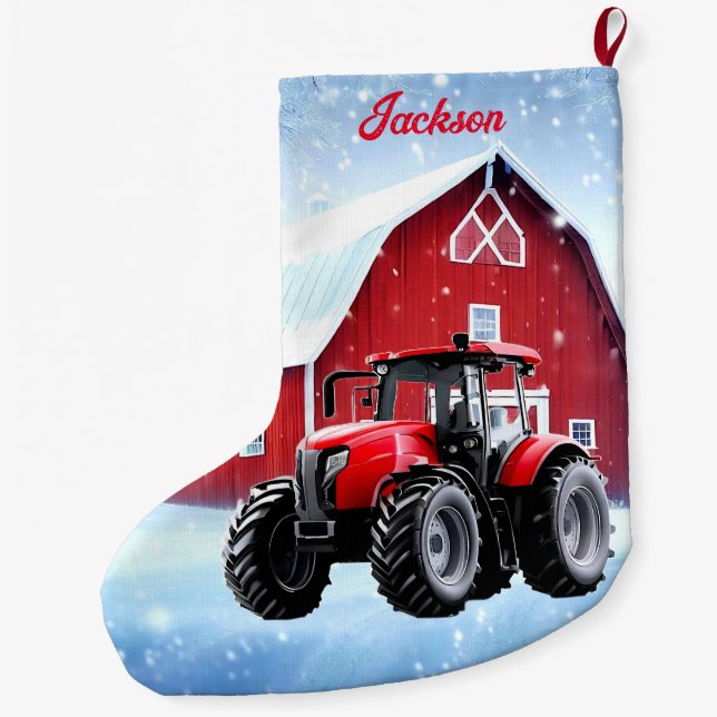 Grande Chaussette De Noël Grange rouge et tracteur rouge moderne (Dos)