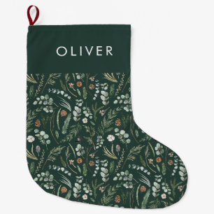 Grande Chaussette De Noël Green botanique élégant cadeau familial moderne
