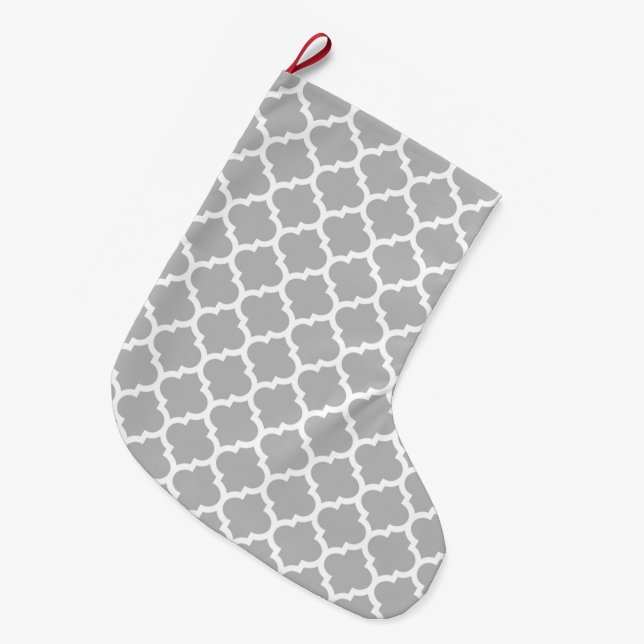 Grande Chaussette De Noël Gris Gris Blanc Marocain Quatrefoil Motif #5 (Devant (Accrochage))