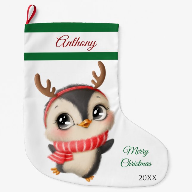 Grande Chaussette De Noël Gros stock de Noël de pingouin (Devant)
