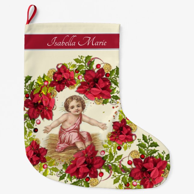 Grande Chaussette De Noël Guirlande de Jésus Pointsettia de bébé de Noël (Devant)