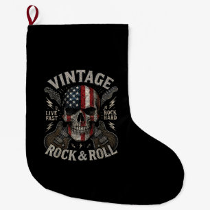 Grande Chaussette De Noël Guitare Drapeau Américain Crâne Rock Vintage Retro