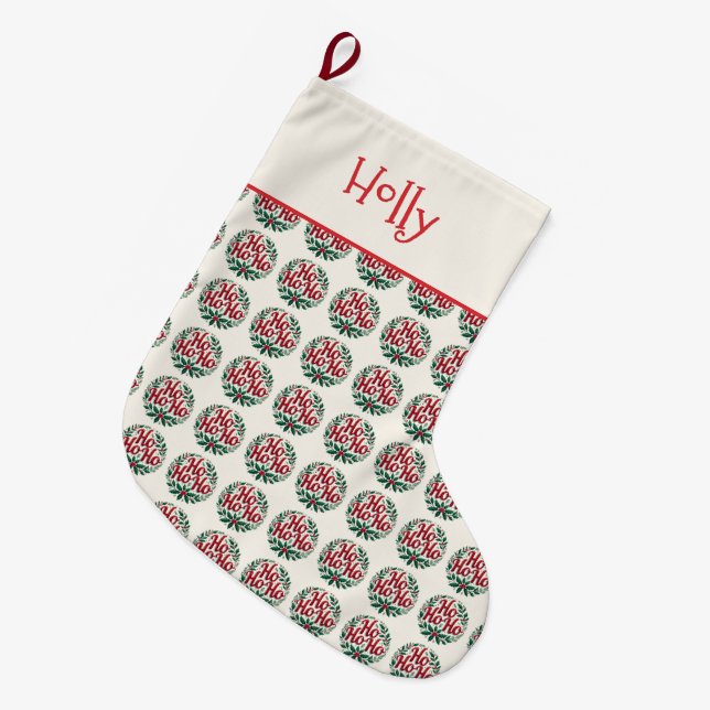Grande Chaussette De Noël Ho Ho Ho Christmas Wreath Typography Design (Devant (Accrochage))