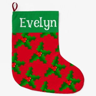 Grande Chaussette De Noël Holly Feuilles et Berries Noël Stocking
