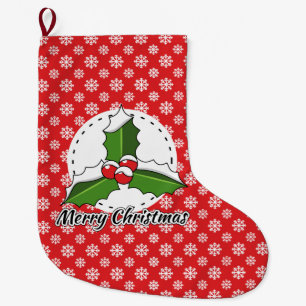 Grande Chaussette De Noël Holly on Red White Snowflakes