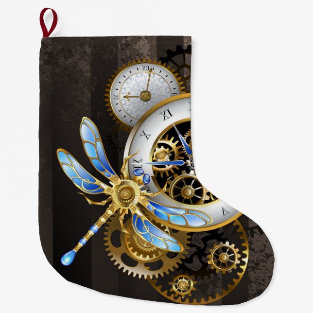 Grande Chaussette De Noël Horloge à vapeur avec libellule mécanique (Devant)
