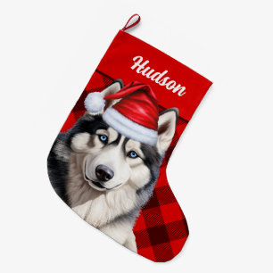 Grande Chaussette De Noël Husky Dog's Name Red Buffalo Plaid Personnalisé