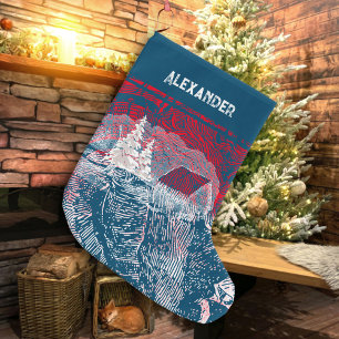 Grande Chaussette De Noël Illustration gravée ❄ paysage hivernal