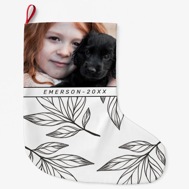 Grande Chaussette De Noël Impression botanique avec photo et nom Noir (Devant)