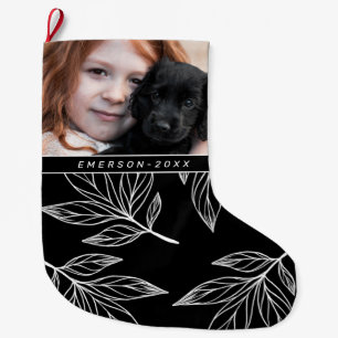Grande Chaussette De Noël Impression botanique avec photo et nom Noir
