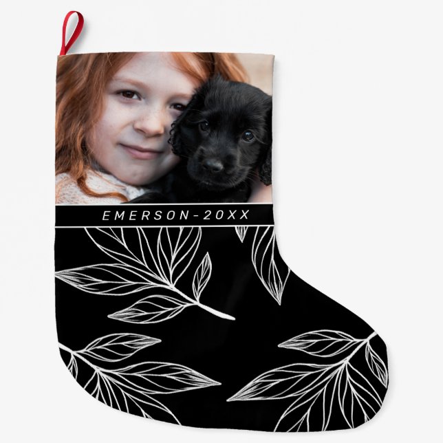 Grande Chaussette De Noël Impression botanique avec photo et nom Noir (Devant)