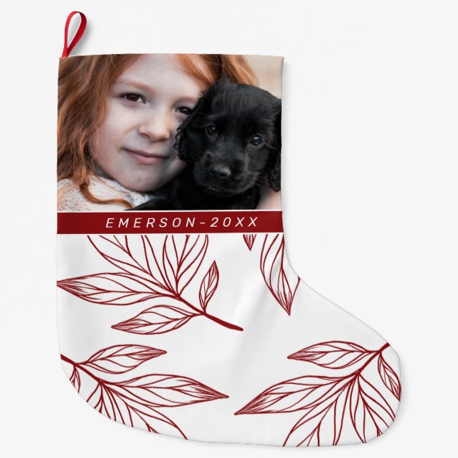 Grande Chaussette De Noël Impression botanique avec photo et nom Red Holiday (Devant)