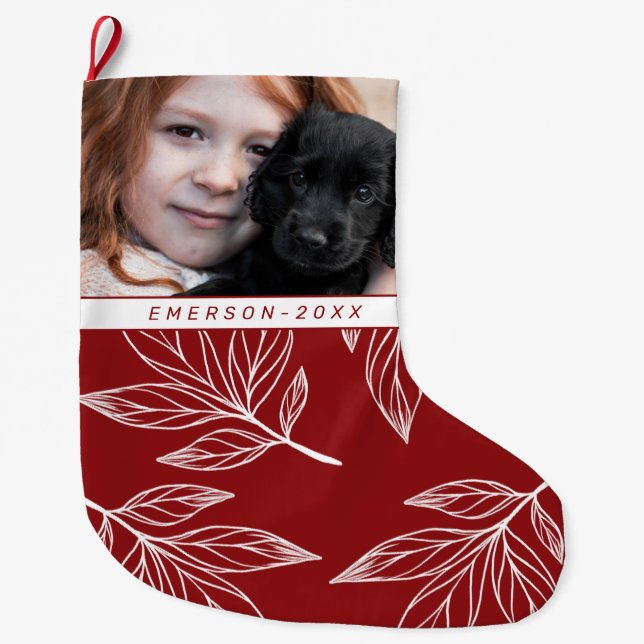 Grande Chaussette De Noël Impression botanique avec photo et nom Red Holiday (Devant)