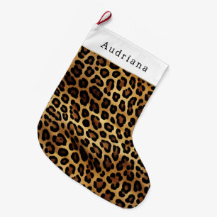 Grande Chaussette De Noël Imprimé animal chic marron or léopard Noël 