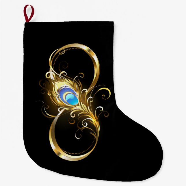 Grande Chaussette De Noël Infinité avec plume de paon doré (Devant)