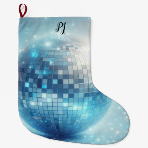 Grande Chaussette De Noël Initiales de boule disco lumineuse bleue 