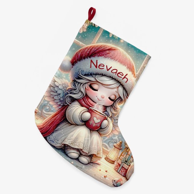 Grande Chaussette De Noël Joli ange de Noël Boire Chocolat Chaud (Devant (Accrochage))