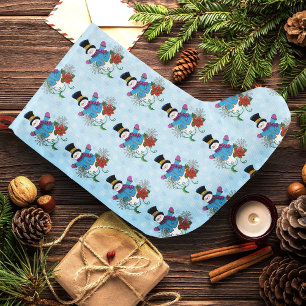Grande Chaussette De Noël Joli Bonhomme de Neige Bleu d'Hiver Poinsettia Noë