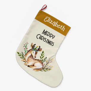 Grande Chaussette De Noël Joli Cerf Aquarellé Posé En Bas Boho