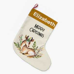 Grande Chaussette De Noël Joli Cerf Aquarellé Posé En Bas Boho