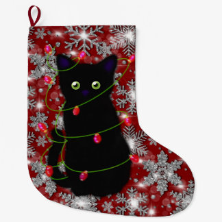 Grande Chaussette De Noël Joli chat noir Meowy Noël flocon de neige scintill