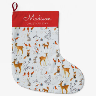 Grande Chaussette De Noël Joli motif d'animaux de la forêt rouge et bleu
