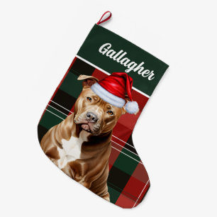 Grande Chaussette De Noël Joli Pitbull Chien Rouge Vert Plaid Personnalisé