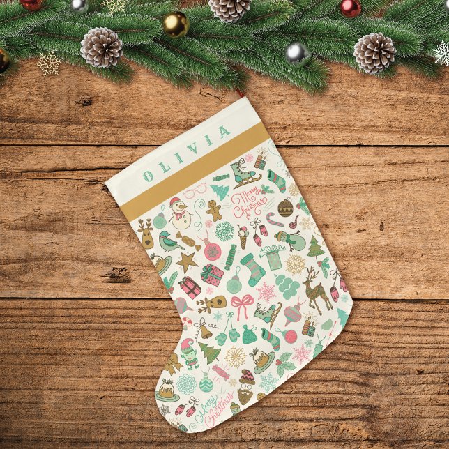 Grande Chaussette De Noël Joli Retro Look Doodles (Créateur téléchargé)