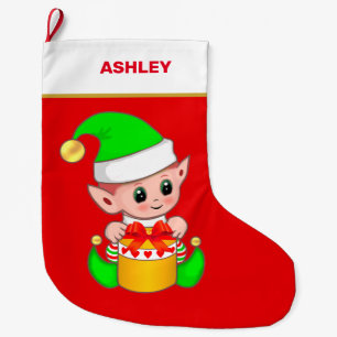Grande Chaussette De Noël Jolie boîte elf et cadeau de Noël en rouge