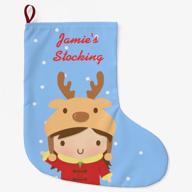 Grande Chaussette De Noël Jolie Fille Reindeer Noël Pour Enfants (Devant)