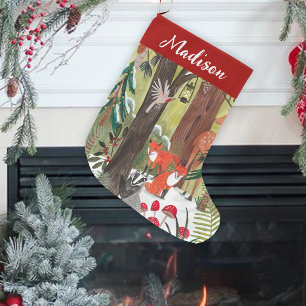 Grande Chaussette De Noël Jolis animaux de la forêt verte de Noël