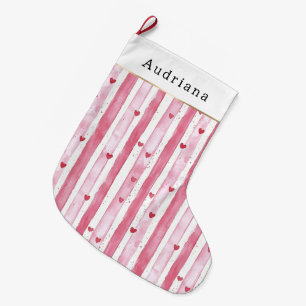 Grande Chaussette De Noël Jolis coeurs blancs roses rayures Noël