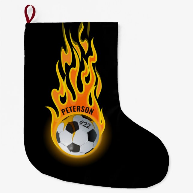 Grande Chaussette De Noël Joueur d'équipe de football personnalisé en flamme (Devant)