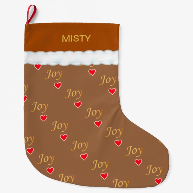 Grande Chaussette De Noël Joy Motif Coeur de Joy sur Brown (Devant)