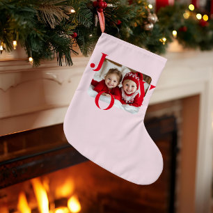 Grande Chaussette De Noël JOY   Photo personnalisée de Noël rouge et rose
